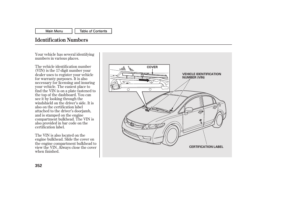 Identification numbers | HONDA 2010 Civic Sedan User Manual | Page 355 / 387