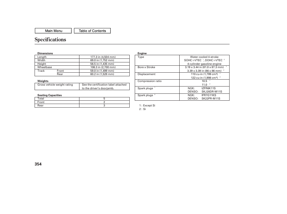 Specifications | HONDA 2010 Civic Sedan User Manual | Page 357 / 387