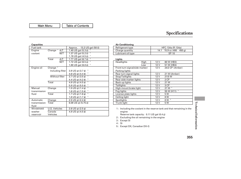 Specifications | HONDA 2010 Civic Sedan User Manual | Page 358 / 387