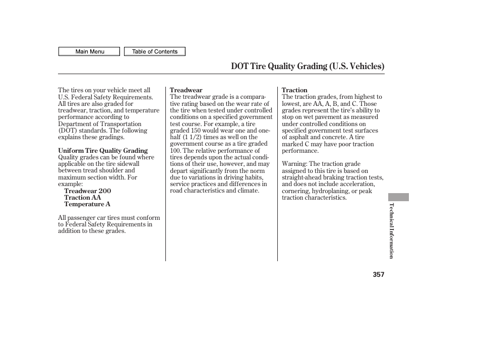 Dot tire quality grading (u.s. vehicles) | HONDA 2010 Civic Sedan User Manual | Page 360 / 387