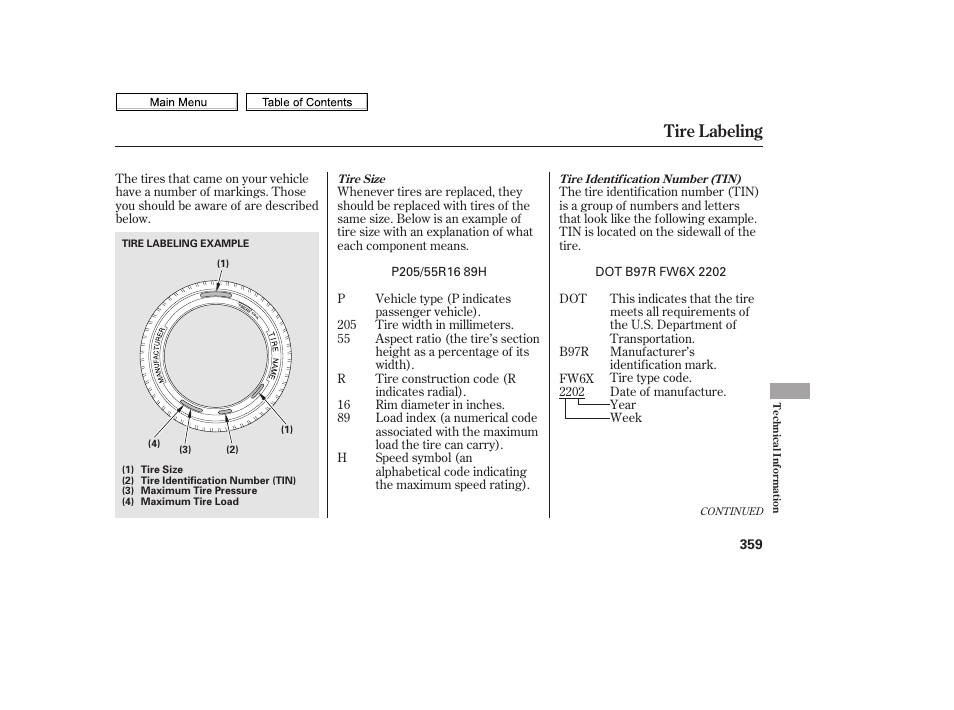 Tire labeling | HONDA 2010 Civic Sedan User Manual | Page 362 / 387