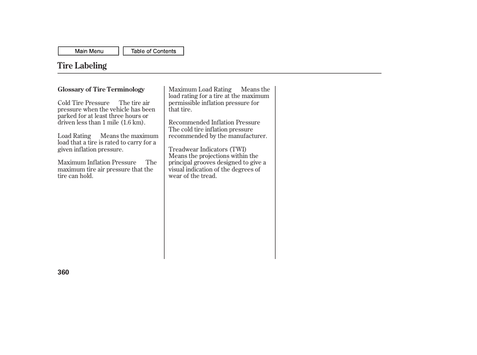 Tire labeling | HONDA 2010 Civic Sedan User Manual | Page 363 / 387