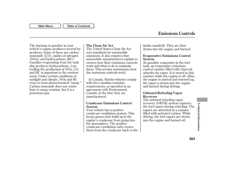 Emissions controls | HONDA 2010 Civic Sedan User Manual | Page 366 / 387