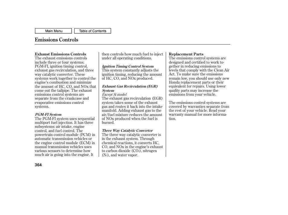 Emissions controls | HONDA 2010 Civic Sedan User Manual | Page 367 / 387