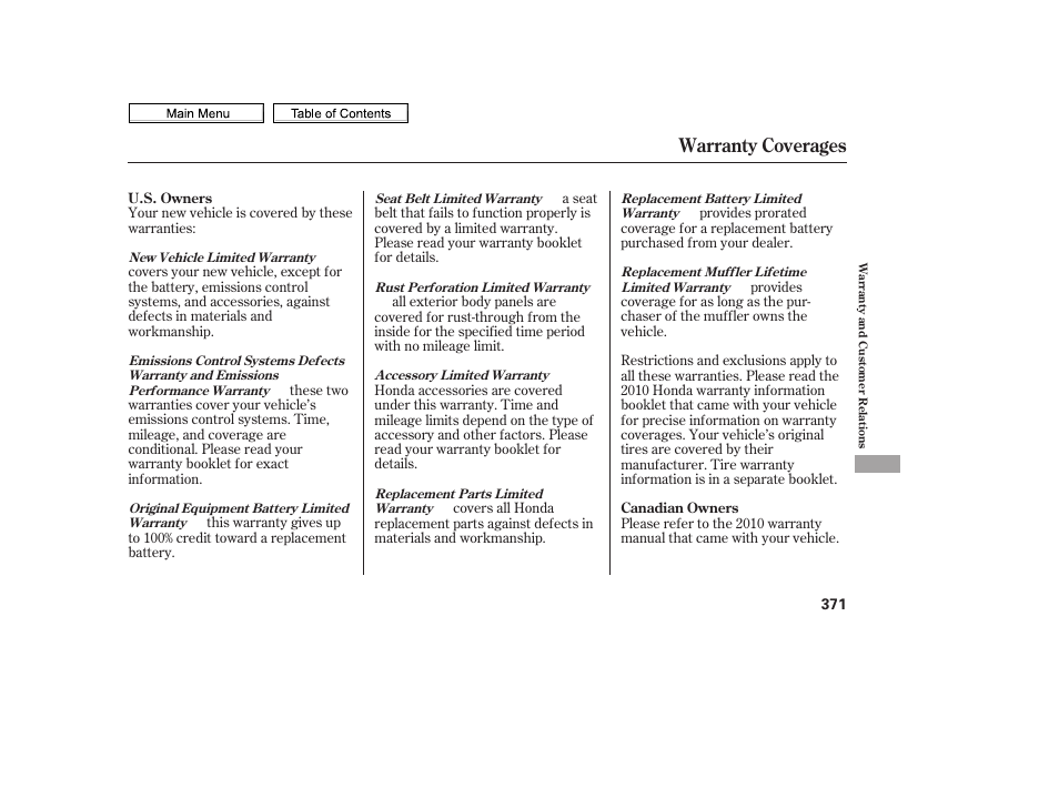 Warranty coverages | HONDA 2010 Civic Sedan User Manual | Page 374 / 387