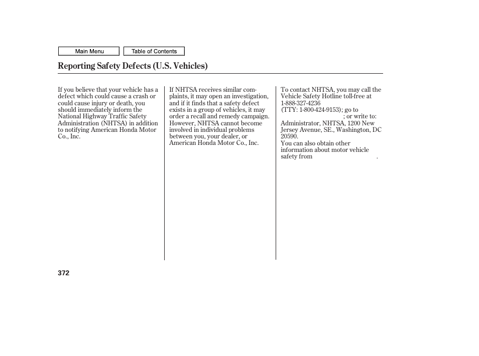 Reporting safety defects (u.s. vehicles) | HONDA 2010 Civic Sedan User Manual | Page 375 / 387