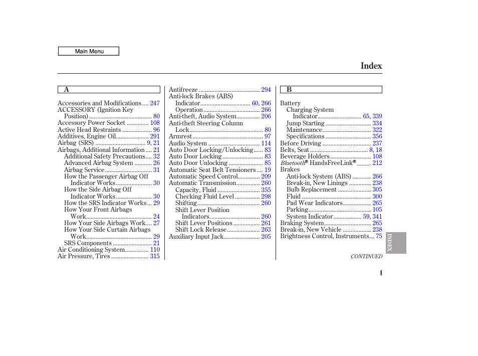 Index | HONDA 2010 Civic Sedan User Manual | Page 377 / 387