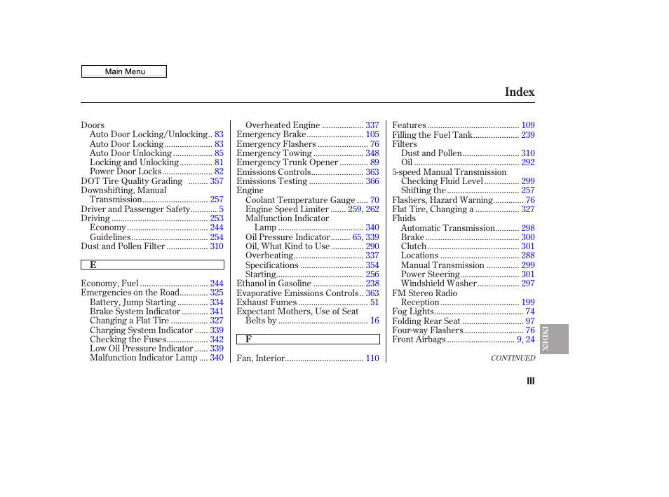 Index | HONDA 2010 Civic Sedan User Manual | Page 379 / 387