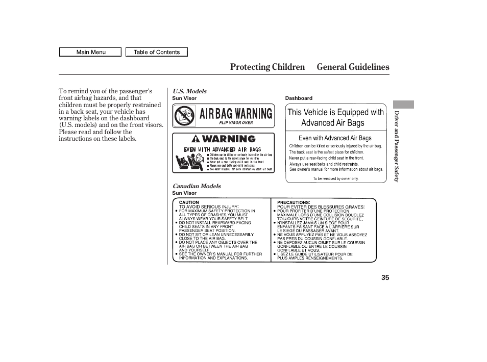 Protecting children general guidelines | HONDA 2010 Civic Sedan User Manual | Page 38 / 387