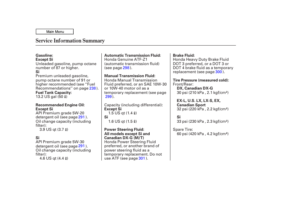 Service inf ormation summary, Service information summary | HONDA 2010 Civic Sedan User Manual | Page 386 / 387