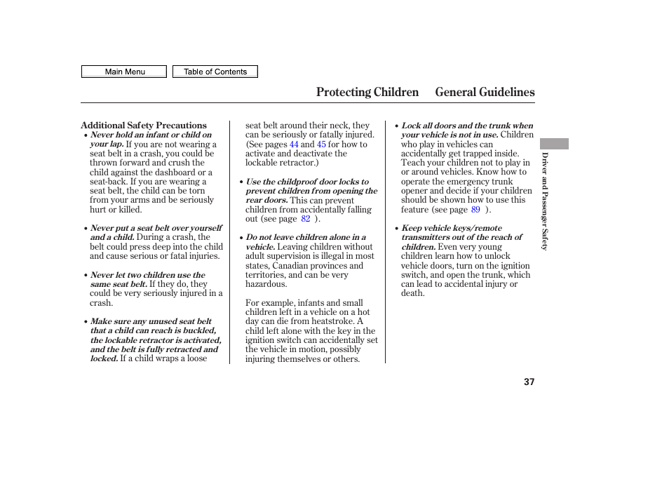 Protecting children general guidelines | HONDA 2010 Civic Sedan User Manual | Page 40 / 387