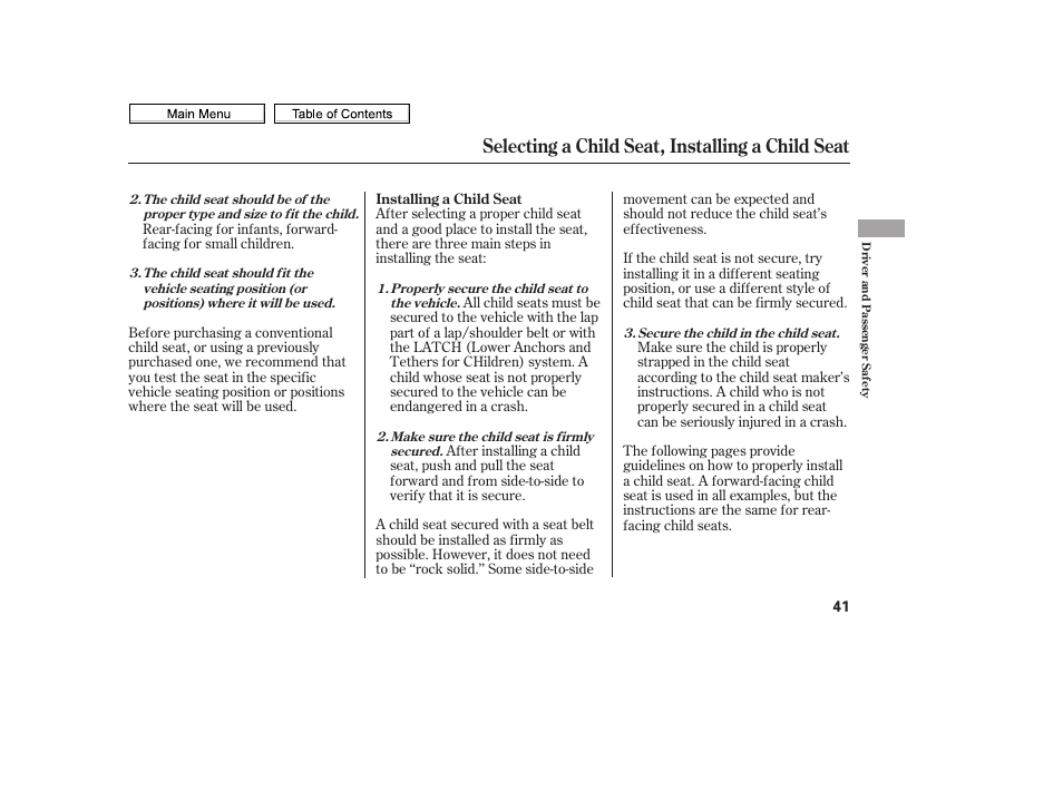 Selecting a child seat, installing a child seat | HONDA 2010 Civic Sedan User Manual | Page 44 / 387