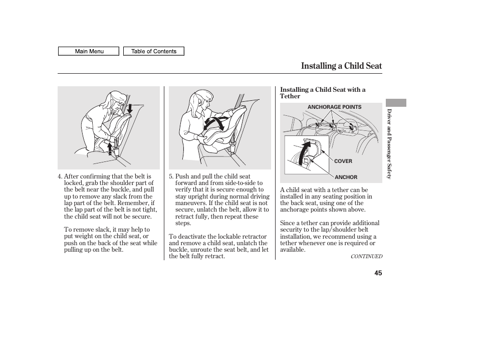 Installing a child seat | HONDA 2010 Civic Sedan User Manual | Page 48 / 387