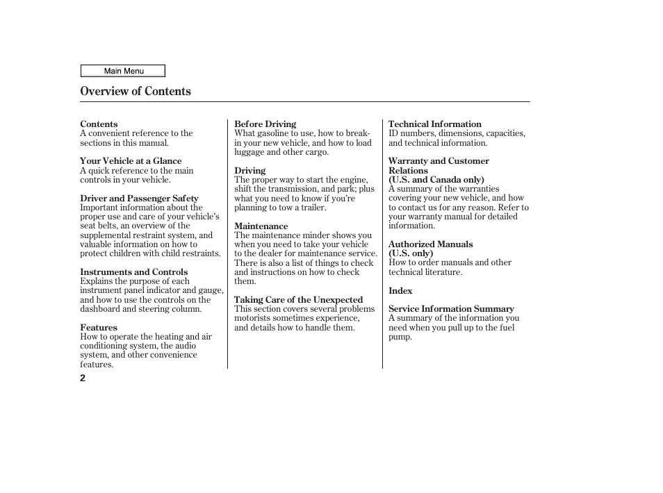 Overview of contents | HONDA 2010 Civic Sedan User Manual | Page 5 / 387