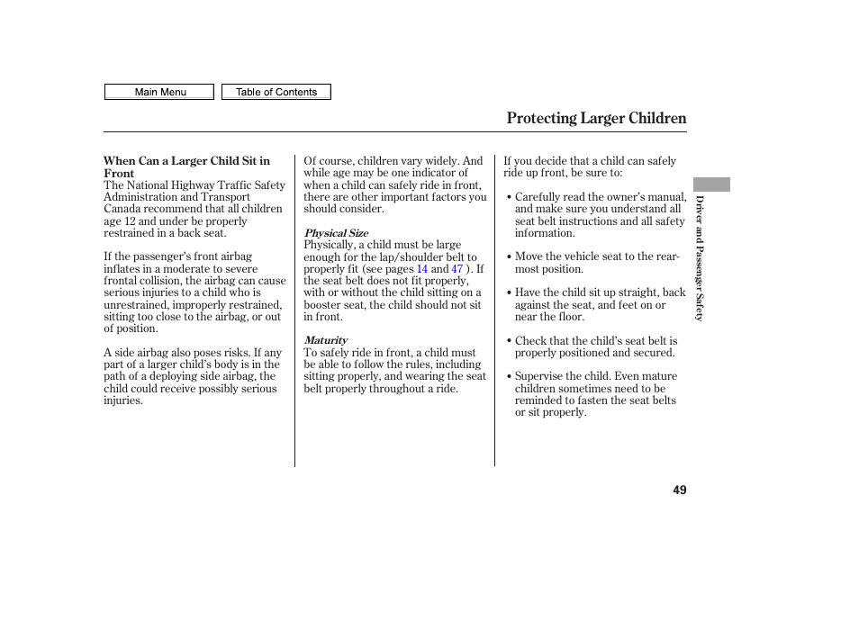 Protecting larger children | HONDA 2010 Civic Sedan User Manual | Page 52 / 387