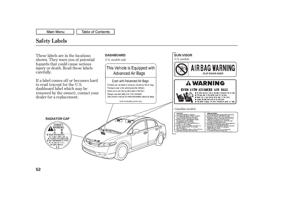 Safety labels | HONDA 2010 Civic Sedan User Manual | Page 55 / 387