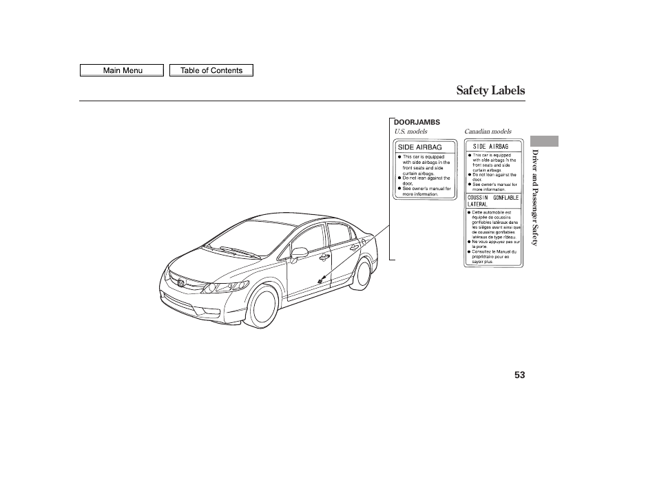 Safety labels | HONDA 2010 Civic Sedan User Manual | Page 56 / 387