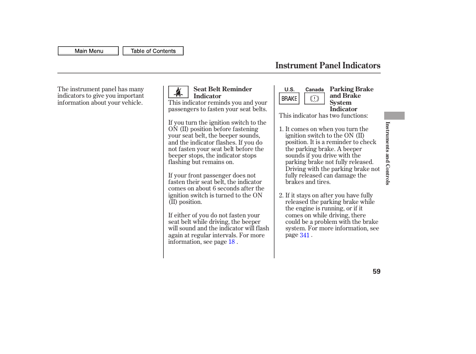 Instrument panel indicators | HONDA 2010 Civic Sedan User Manual | Page 62 / 387