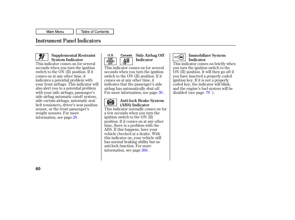 Instrument panel indicators | HONDA 2010 Civic Sedan User Manual | Page 63 / 387