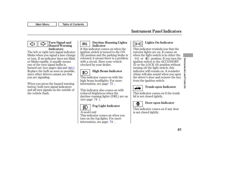 Instrument panel indicators | HONDA 2010 Civic Sedan User Manual | Page 64 / 387