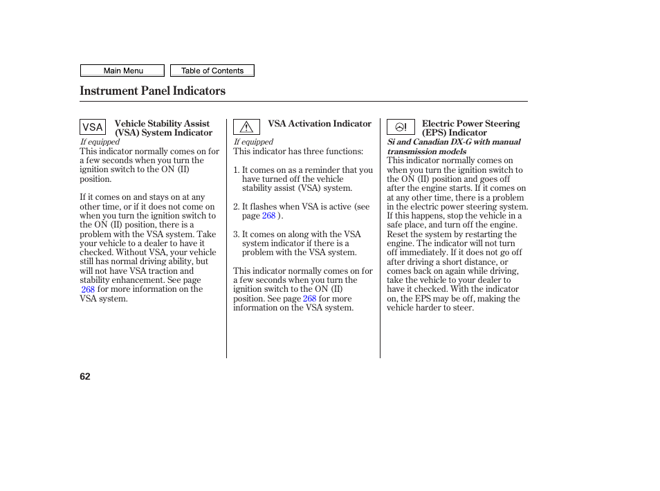 Instrument panel indicators | HONDA 2010 Civic Sedan User Manual | Page 65 / 387