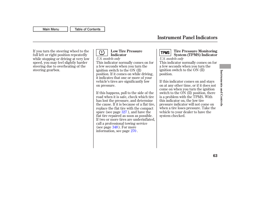 Instrument panel indicators | HONDA 2010 Civic Sedan User Manual | Page 66 / 387