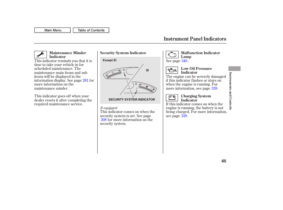 Instrument panel indicators | HONDA 2010 Civic Sedan User Manual | Page 68 / 387