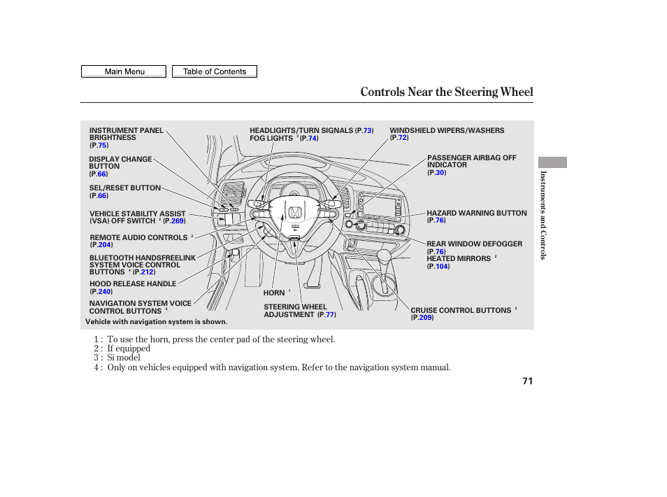 Controls near the steering wheel | HONDA 2010 Civic Sedan User Manual | Page 74 / 387