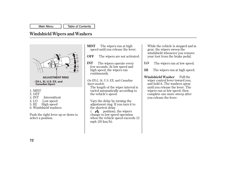 Windshield wipers and washers | HONDA 2010 Civic Sedan User Manual | Page 75 / 387