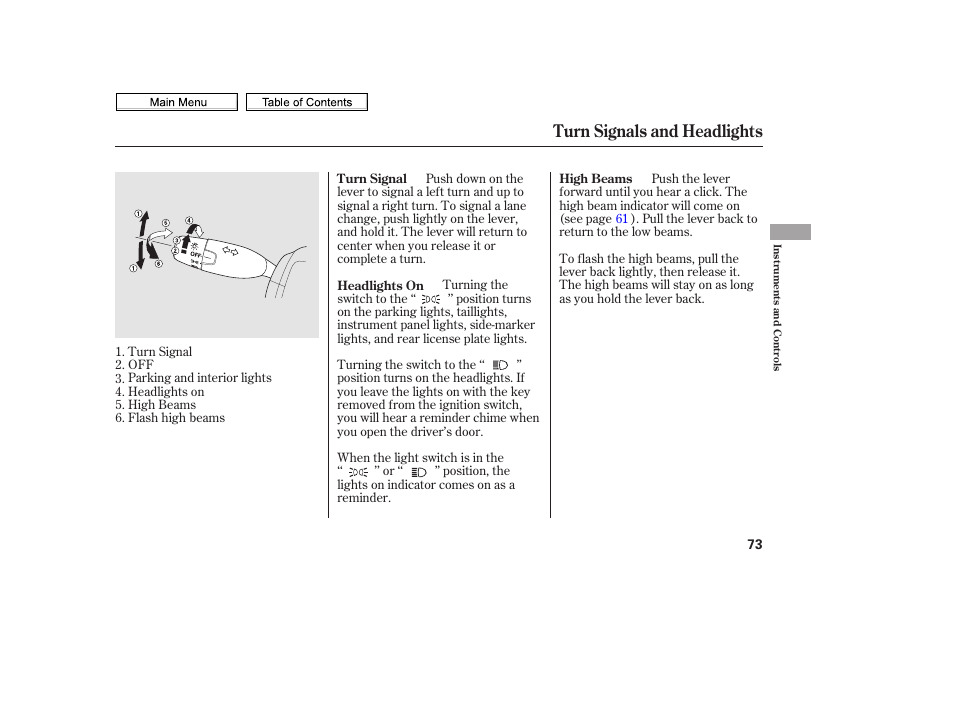 Turn signals and headlights | HONDA 2010 Civic Sedan User Manual | Page 76 / 387