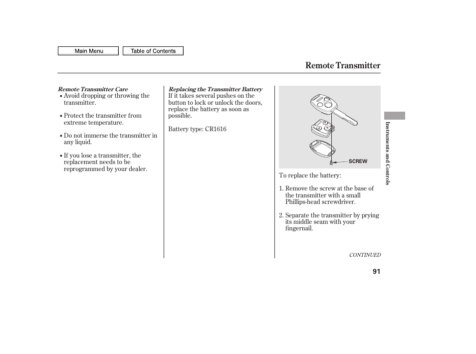 Remote transmitter | HONDA 2010 Civic Sedan User Manual | Page 94 / 387