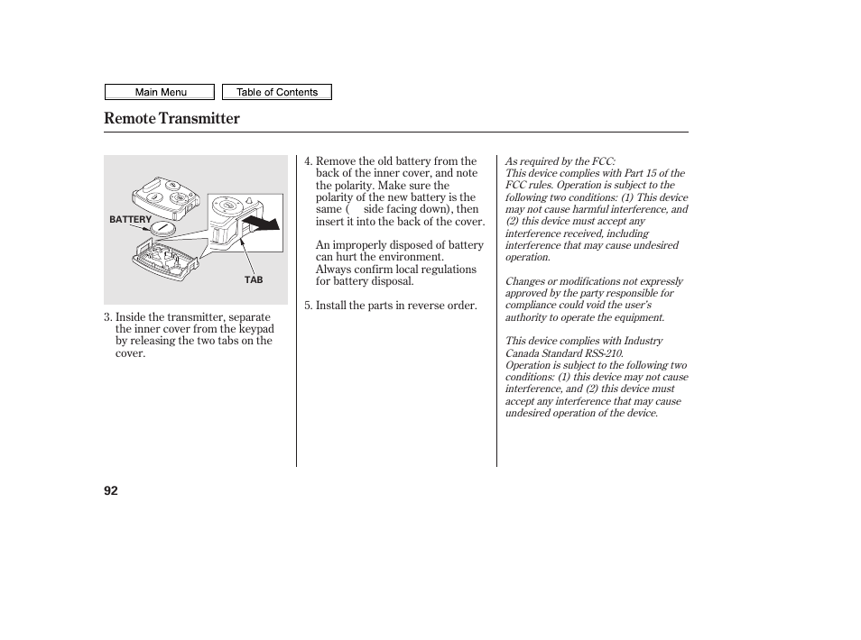 Remote transmitter | HONDA 2010 Civic Sedan User Manual | Page 95 / 387