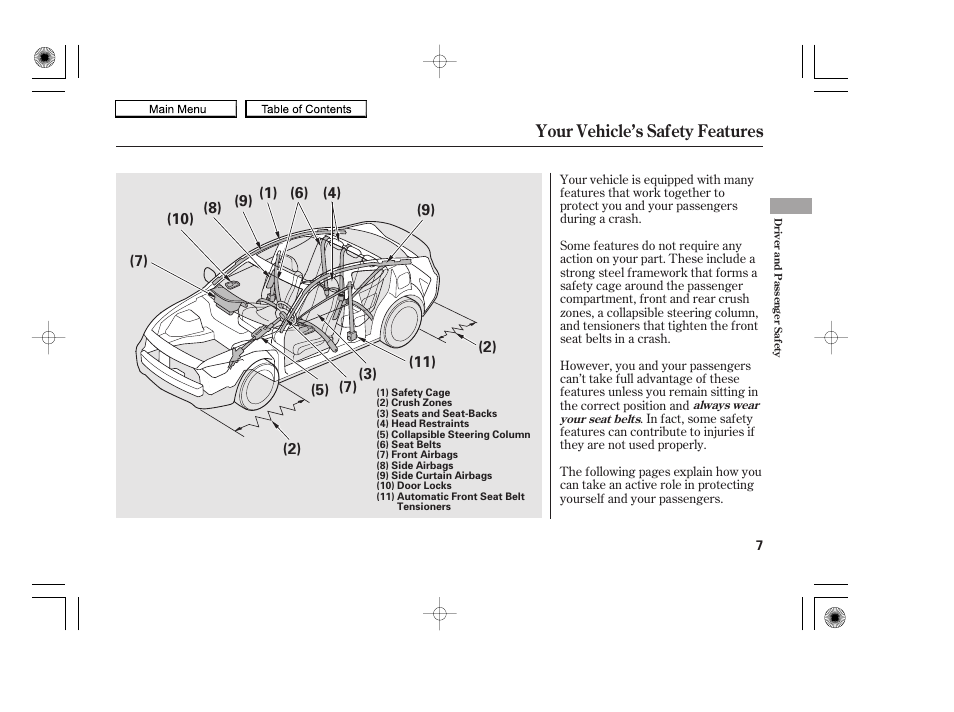 Your vehicle’s safety features | HONDA 2010 Accord Coupe User Manual | Page 10 / 404