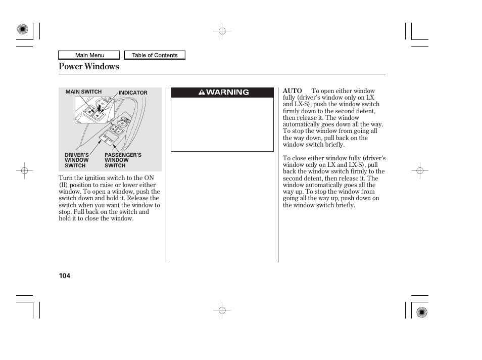 Power windows | HONDA 2010 Accord Coupe User Manual | Page 107 / 404