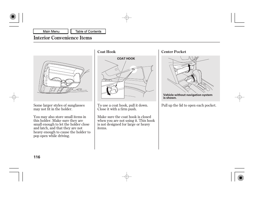 Center pockets, Coat hook, Door pocket | Interior convenience items | HONDA 2010 Accord Coupe User Manual | Page 119 / 404