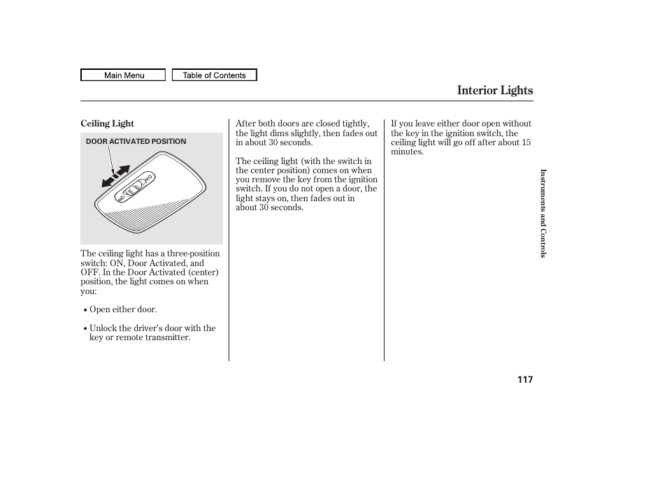 Interior lights, 2010 accord coupe | HONDA 2010 Accord Coupe User Manual | Page 120 / 404