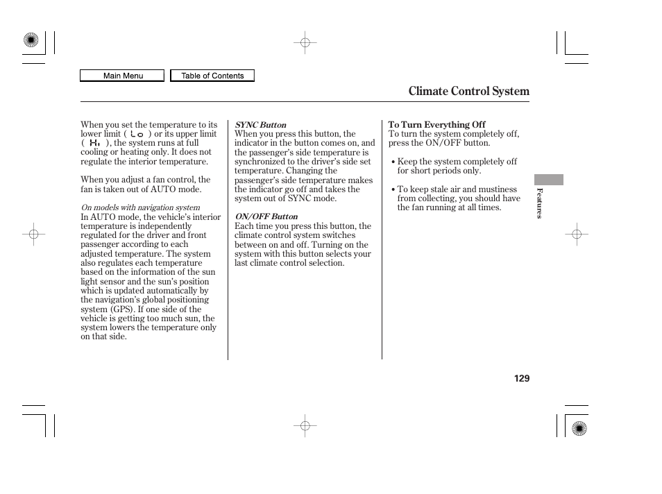 On/off button, Sync button, Climate control system | HONDA 2010 Accord Coupe User Manual | Page 132 / 404