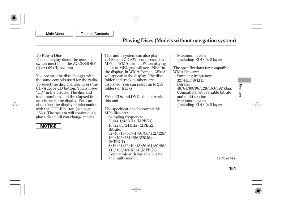 Playing discs (models without navigation system) | HONDA 2010 Accord Coupe User Manual | Page 154 / 404