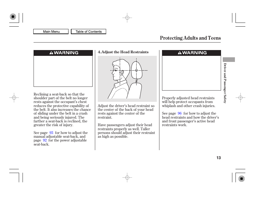 Protecting adults and teens | HONDA 2010 Accord Coupe User Manual | Page 16 / 404