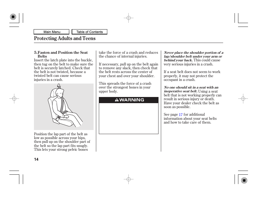 Protecting adults and teens | HONDA 2010 Accord Coupe User Manual | Page 17 / 404