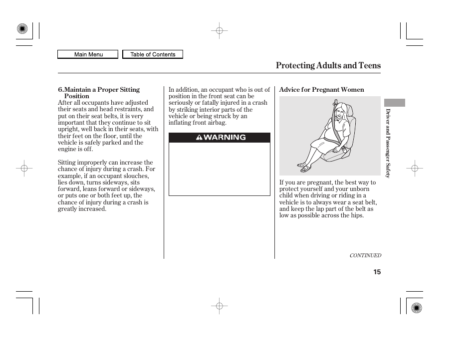 Protecting adults and teens | HONDA 2010 Accord Coupe User Manual | Page 18 / 404