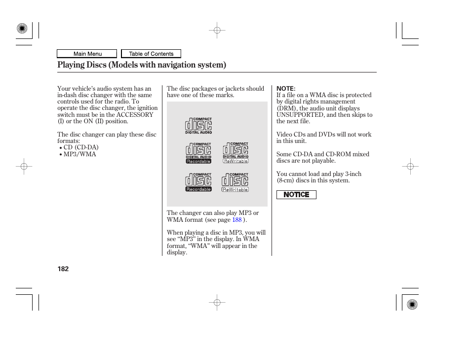 Playing discs (models with navigation system) | HONDA 2010 Accord Coupe User Manual | Page 185 / 404