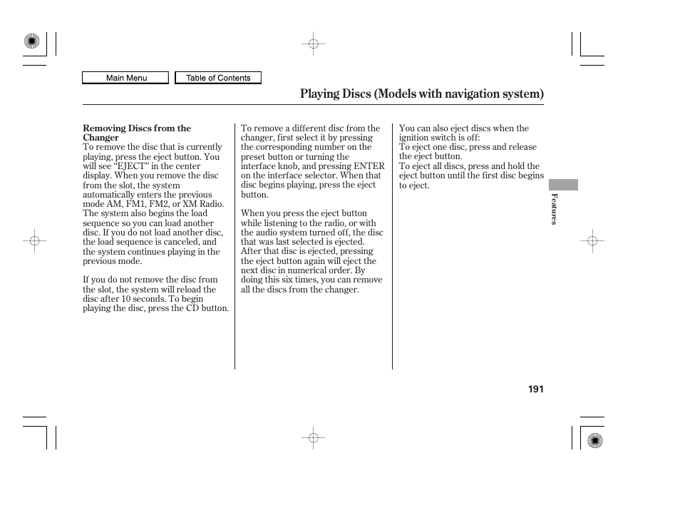 Playing discs (models with navigation system) | HONDA 2010 Accord Coupe User Manual | Page 194 / 404