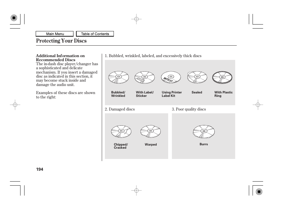 Protecting your discs | HONDA 2010 Accord Coupe User Manual | Page 197 / 404