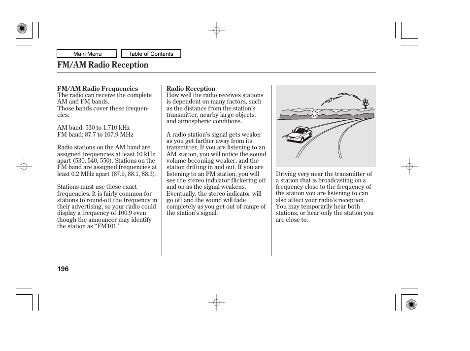 Fm/am radio reception | HONDA 2010 Accord Coupe User Manual | Page 199 / 404