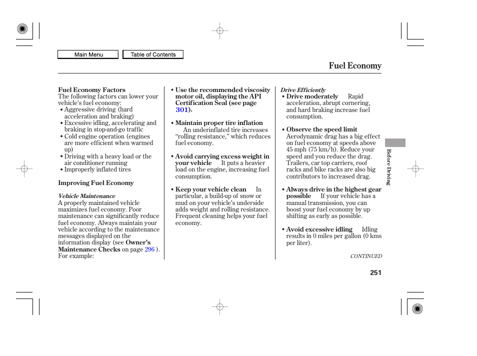 Fuel economy | HONDA 2010 Accord Coupe User Manual | Page 254 / 404