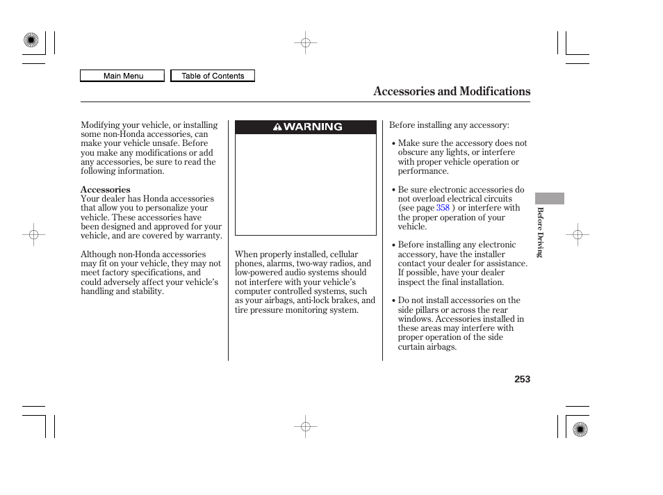 Accessories and modifications | HONDA 2010 Accord Coupe User Manual | Page 256 / 404