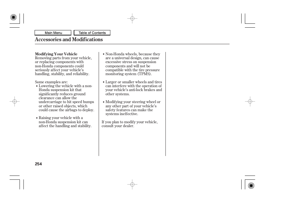 Accessories and modifications | HONDA 2010 Accord Coupe User Manual | Page 257 / 404