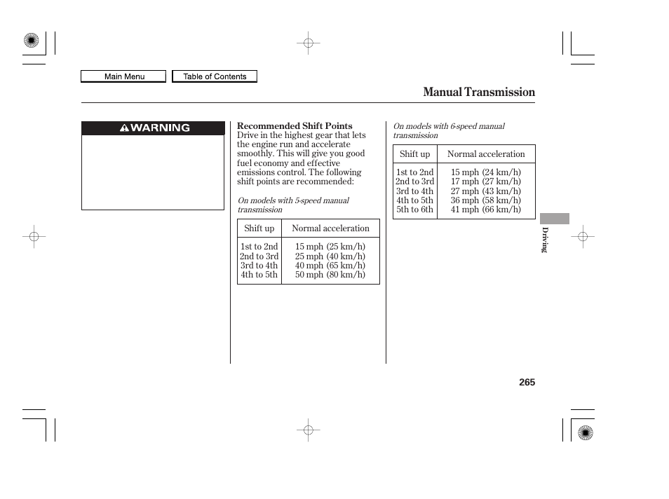Manual transmission | HONDA 2010 Accord Coupe User Manual | Page 268 / 404