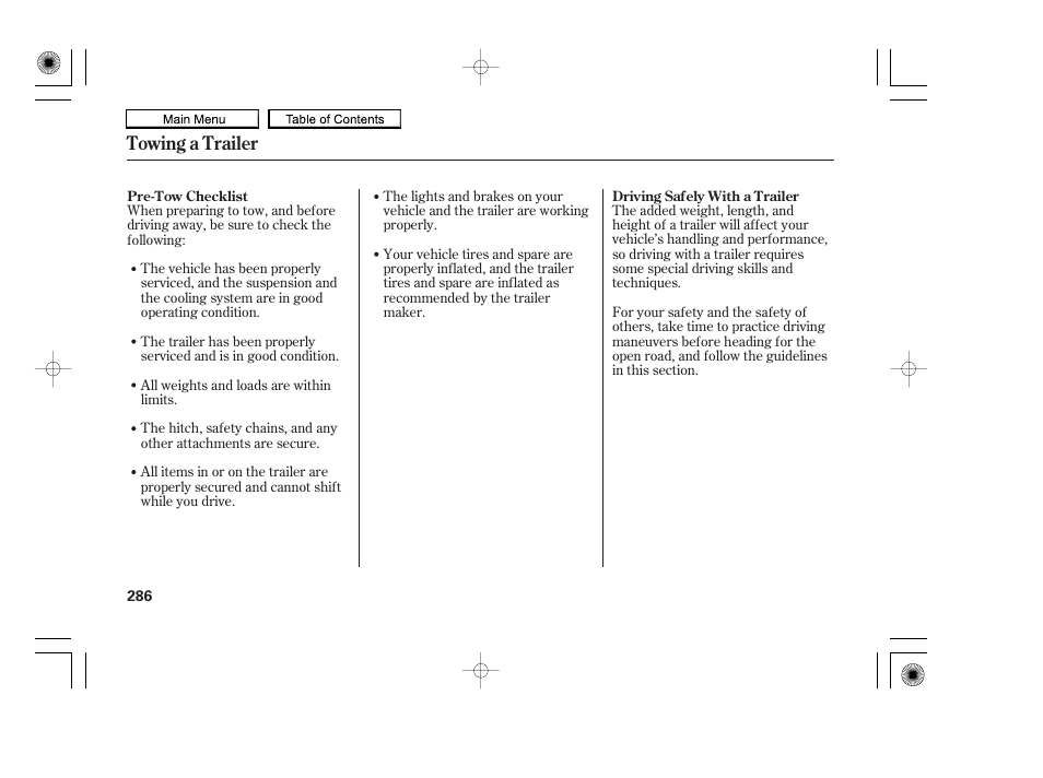 Towing a trailer | HONDA 2010 Accord Coupe User Manual | Page 289 / 404